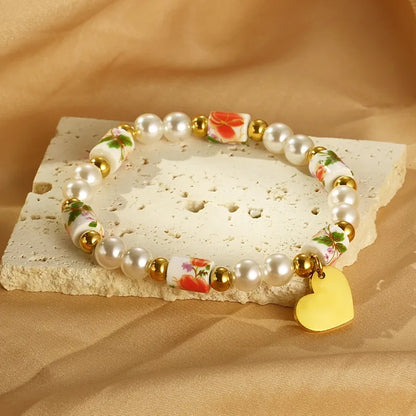 Vintage Style Classic Style Round Heart Shape 304 Stainless Steel Resin Beaded 18K Gold Plated Women'S Bracelets