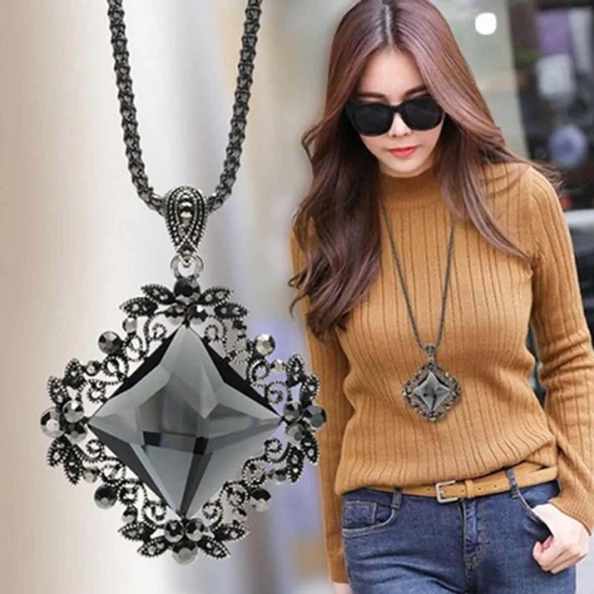 Vintage Style Color Block Alloy Glass Women's Pendant Necklace