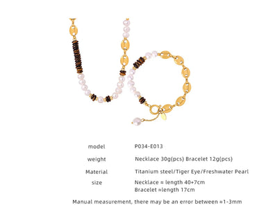 Wholesale Vintage Style Color Block Freshwater Pearl Tiger Eye Titanium Steel Beaded Patchwork Plating 18k Gold Plated Jewelry Set