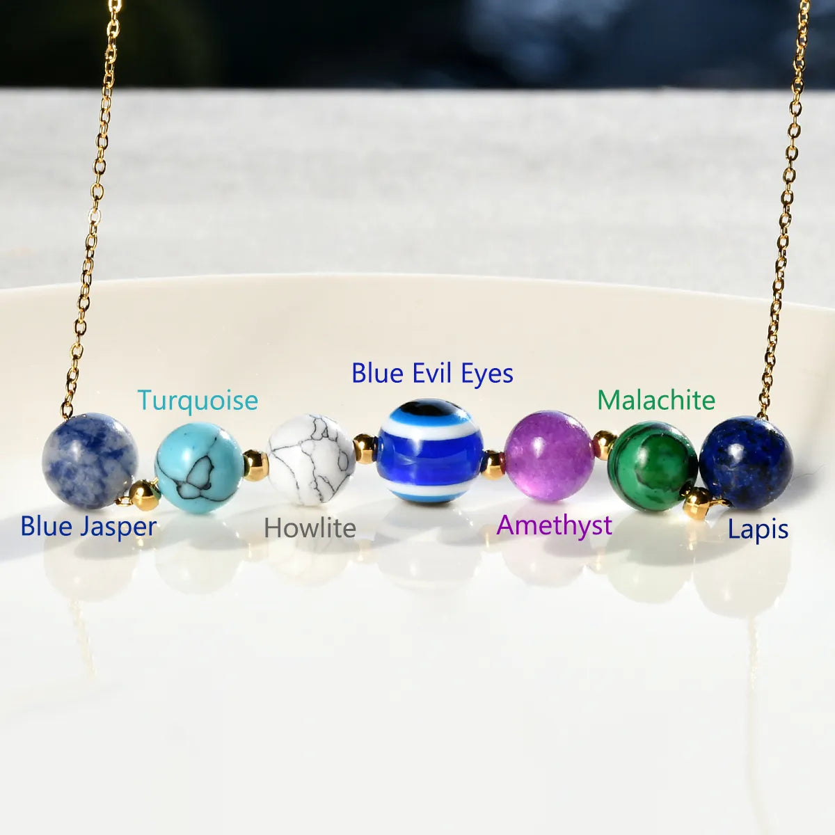 Vintage Style Color Block Stainless Steel Artificial Gemstones Natural Stone Gold Plated Pendant Necklace In Bulk