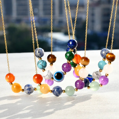 Vintage Style Color Block Stainless Steel Artificial Gemstones Natural Stone Gold Plated Pendant Necklace In Bulk