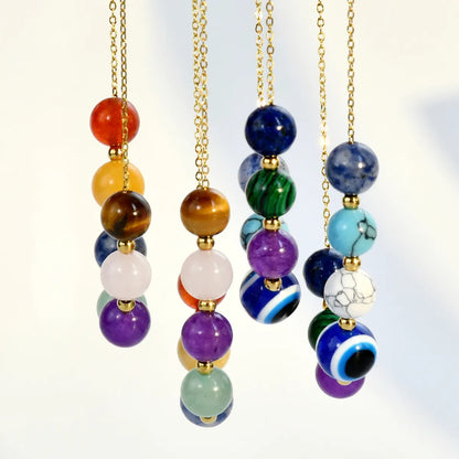 Vintage Style Color Block Stainless Steel Artificial Gemstones Natural Stone Gold Plated Pendant Necklace In Bulk