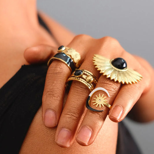 Vintage Style Commute Sector Moon 304 Stainless Steel 14K Gold Plated Natural Stone Zircon Rings In Bulk