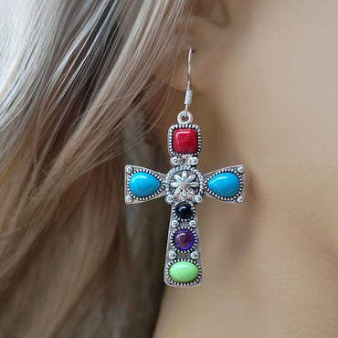 Vintage Style Cross Metal Plating Inlay Artificial Gemstones Silver Plated Women's Drop Earrings