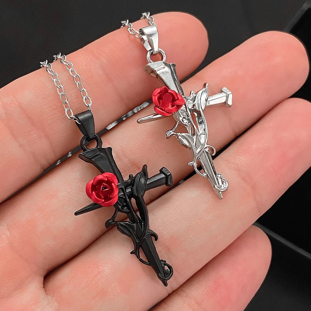 Vintage Style Cross Rose Flower Alloy Wholesale Pendant Necklace