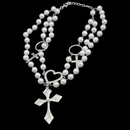 Vintage Style Cross Silver Plated Rhinestones Alloy Wholesale Layered Necklaces