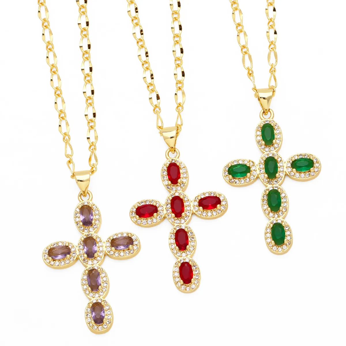 Vintage Style Cross Stainless Steel Copper Plating Inlay Zircon 18k Gold Plated Pendant Necklace