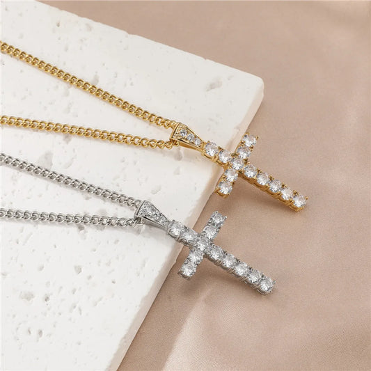 Vintage Style Cross Stainless Steel Inlay Zircon Pendant Necklace