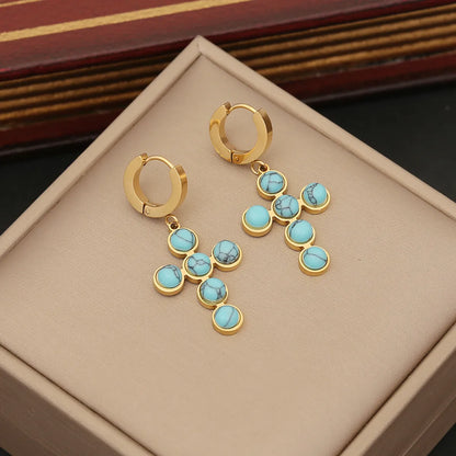 Vintage Style Cross Stainless Steel Plating Inlay Turquoise Jewelry Set