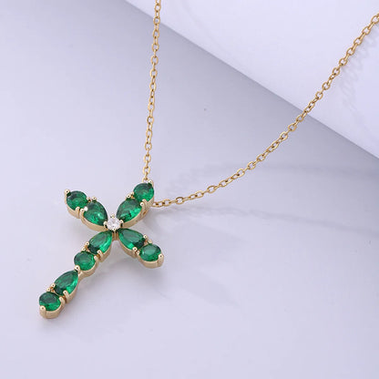 Vintage Style Cross Stainless Steel Plating Inlay Zircon 18k Gold Plated Pendant Necklace