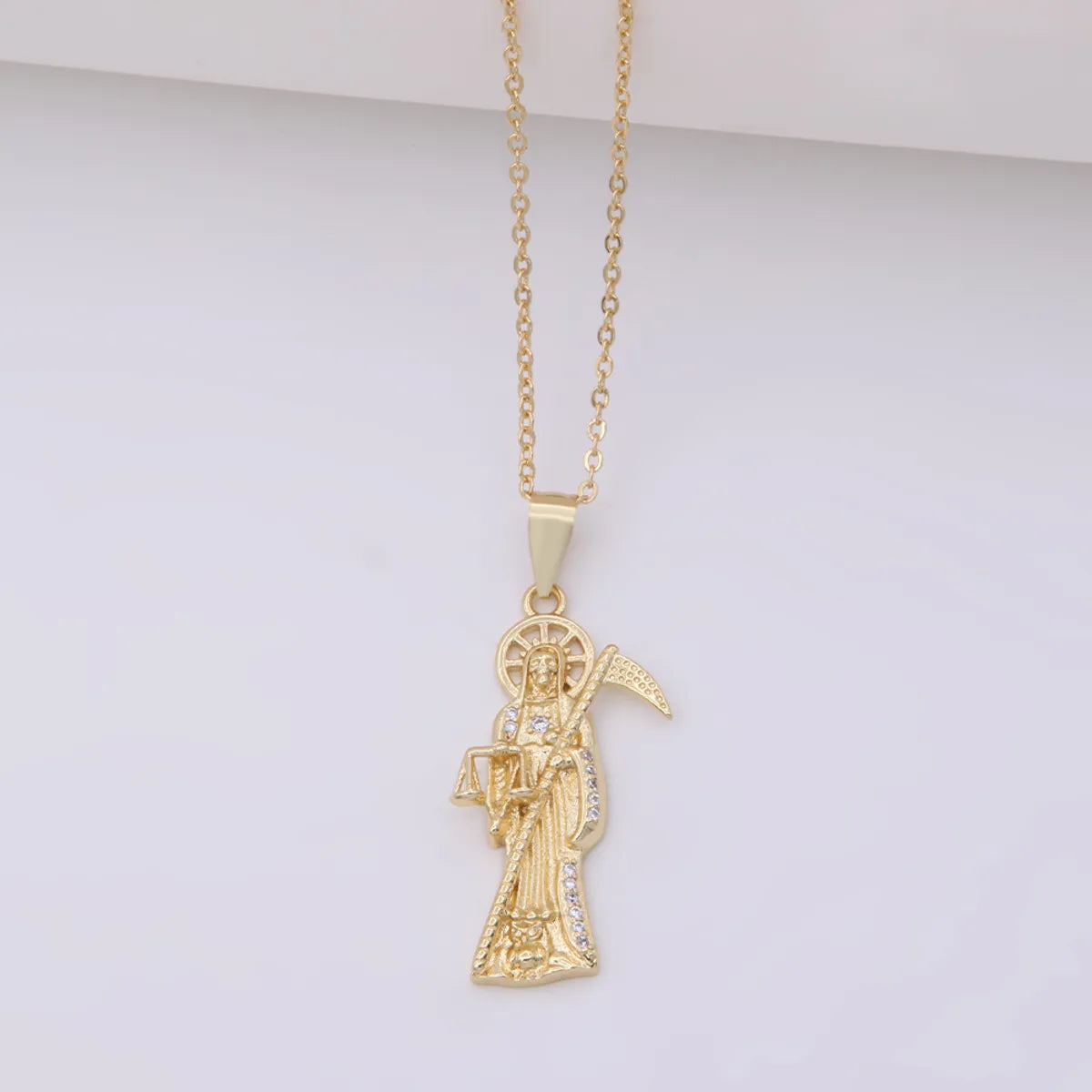 Vintage Style Death Copper Plating Inlay Carving Zircon 18k Gold Plated Unisex Pendant Necklace