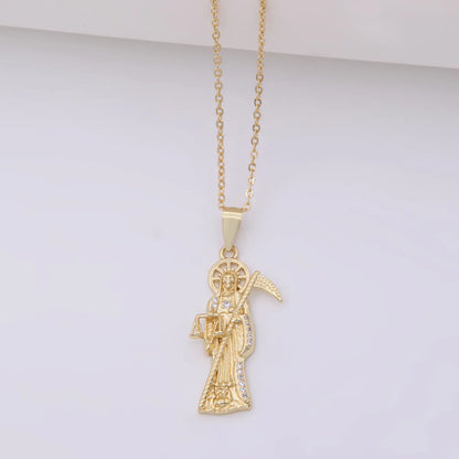 Vintage Style Death Copper Plating Inlay Carving Zircon 18k Gold Plated Unisex Pendant Necklace