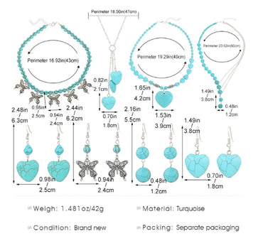 Vintage Style Ethnic Style Bohemian Heart Shape Butterfly Alloy Turquoise Women'S Earrings Necklace