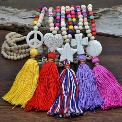 Vintage Style Ethnic Style Bohemian Pentagram Cross Heart Shape Wood Cotton Tassel Women'S Sweater Chain