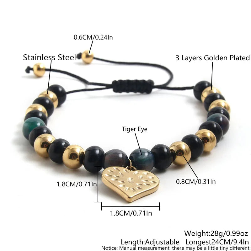 Vintage Style Ethnic Style Classic Style Heart Shape Tiger 304 Stainless Steel Natural Stone Glass Beaded 18K Gold Plated Men'S Bracelets