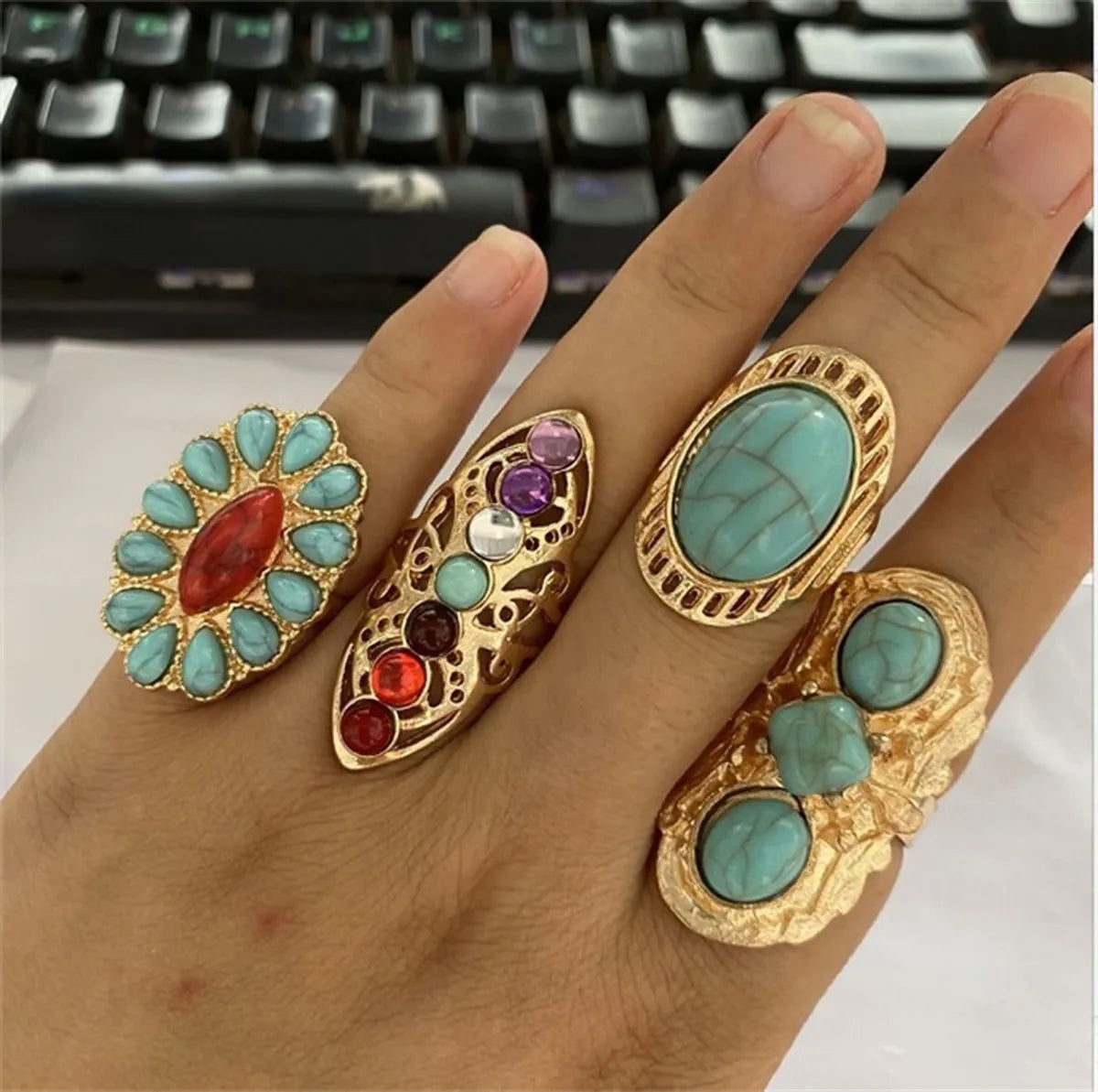 Vintage Style Ethnic Style Geometric Metal Plating Inlay Turquoise Women's Rings