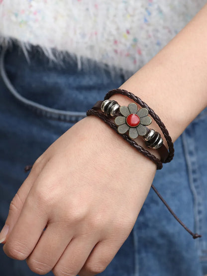 Vintage Style Flower Pu Leather Alloy Leather Unisex Wristband