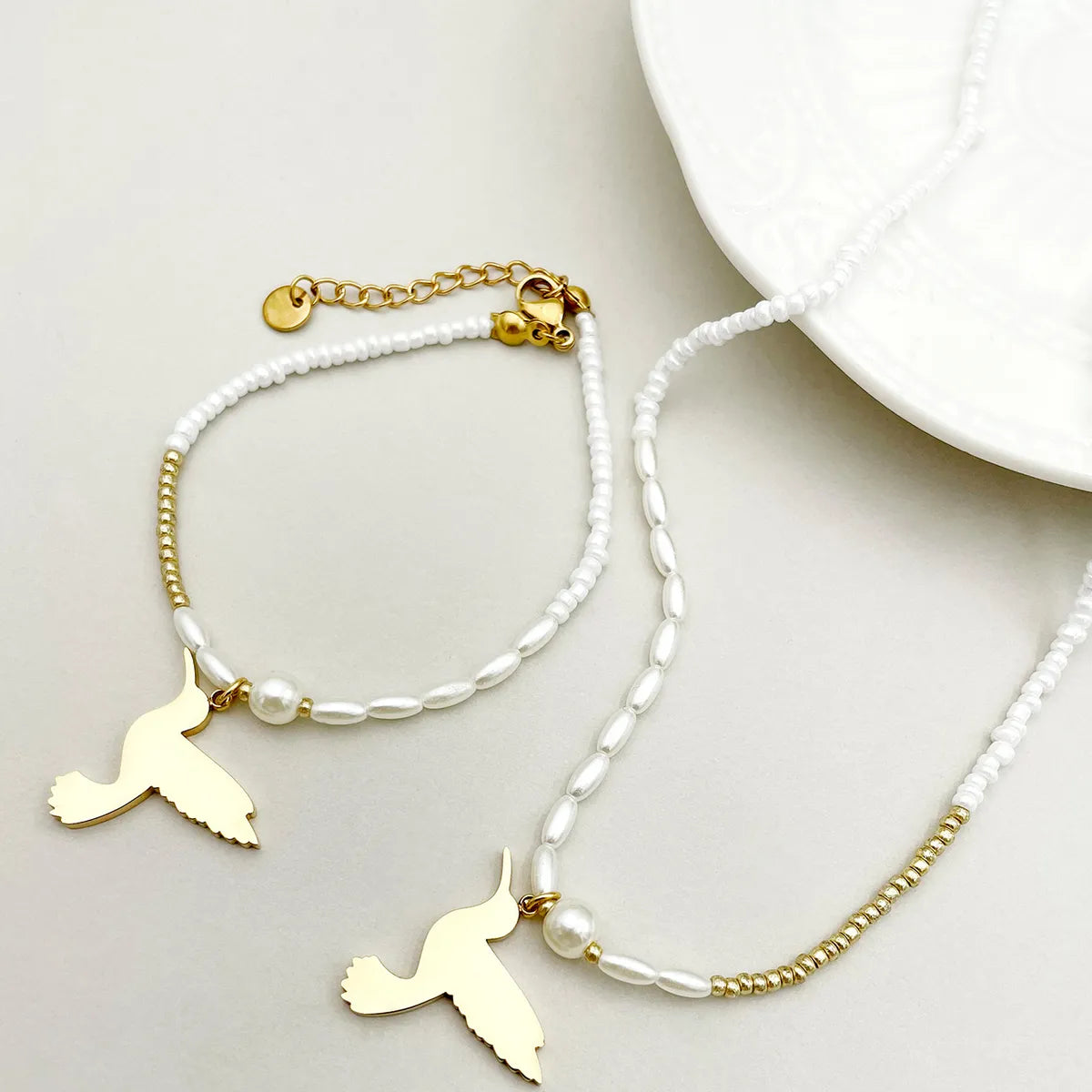 Vintage Style French Style Bird Stainless Steel Beaded Plating Gold Plated Bracelets Necklace