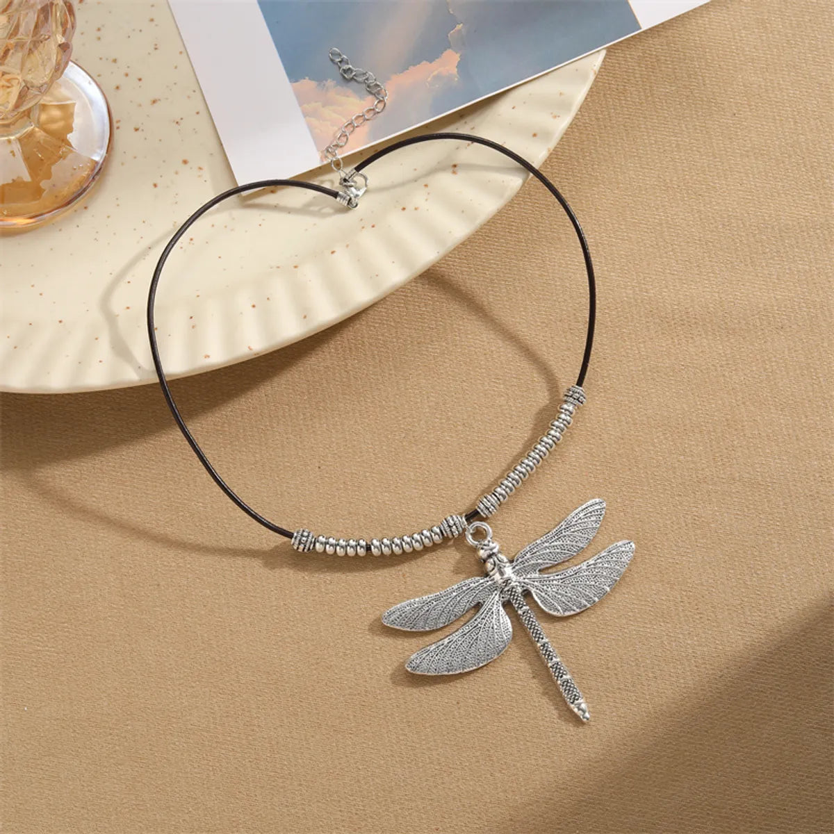 Vintage Style Geometric Dragonfly Alloy Leather Rope Irregular Silver Plated Unisex Necklace