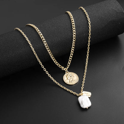 Vintage Style Geometric Freshwater Pearl Copper 18K Gold Plated Women's Double Layer Necklaces