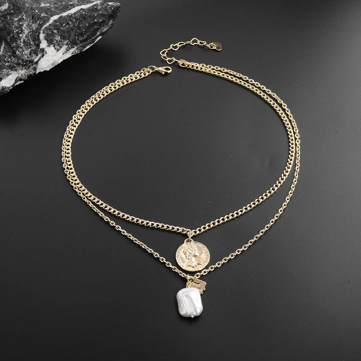 Vintage Style Geometric Freshwater Pearl Copper 18K Gold Plated Women's Double Layer Necklaces