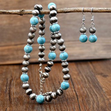 Vintage Style Geometric Stainless Steel Plastic Turquoise Beaded Silver Plated Earrings Necklace