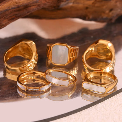 Vintage Style Geometric Stainless Steel Plating Inlay Rhinestones Shell 18k Gold Plated Rings