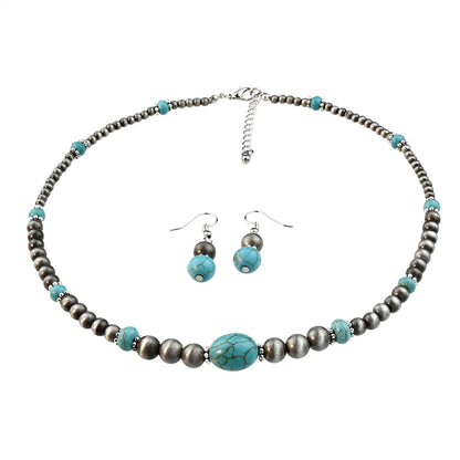 Vintage Style Handmade Geometric Alloy Plastic Turquoise Beaded Silver Plated Women'S Earrings Necklace