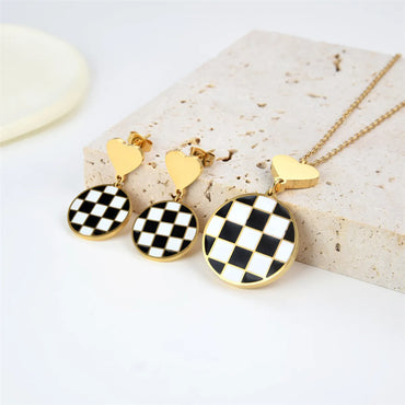 Vintage Style Heart Shape Checkered Stainless Steel Plating Jewelry Set