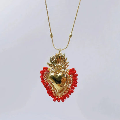 Vintage Style Heart Shape Copper Gold Plated Seed Bead Pendant Necklace In Bulk