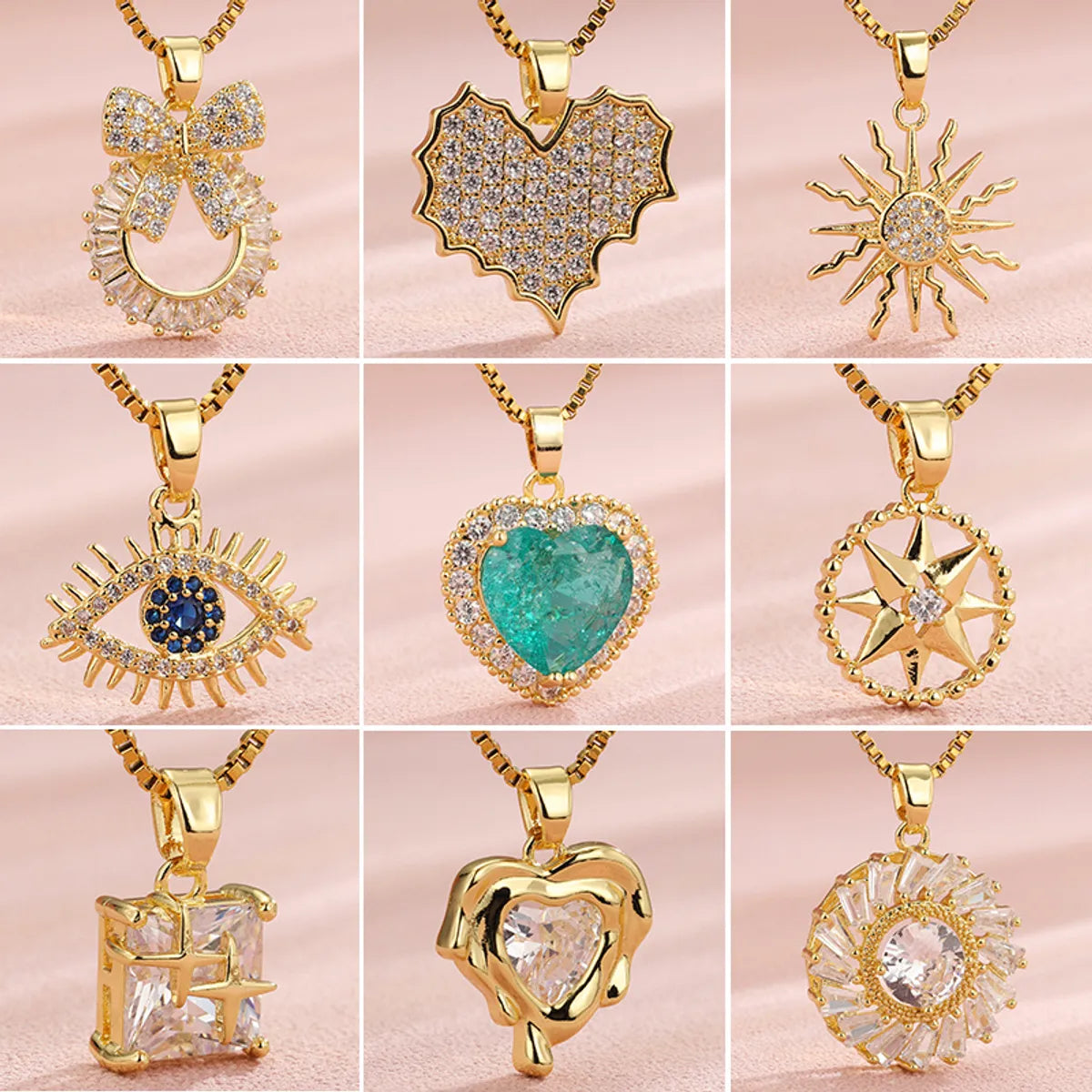 Vintage Style Heart Shape Flower Bow Knot Stainless Steel Copper Plating Inlay Zircon 18k Gold Plated Gold Plated Pendant Necklace