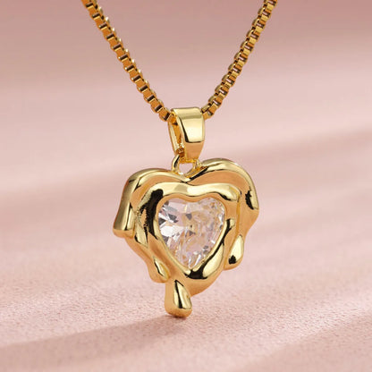 Vintage Style Heart Shape Flower Bow Knot Stainless Steel Copper Plating Inlay Zircon 18k Gold Plated Gold Plated Pendant Necklace