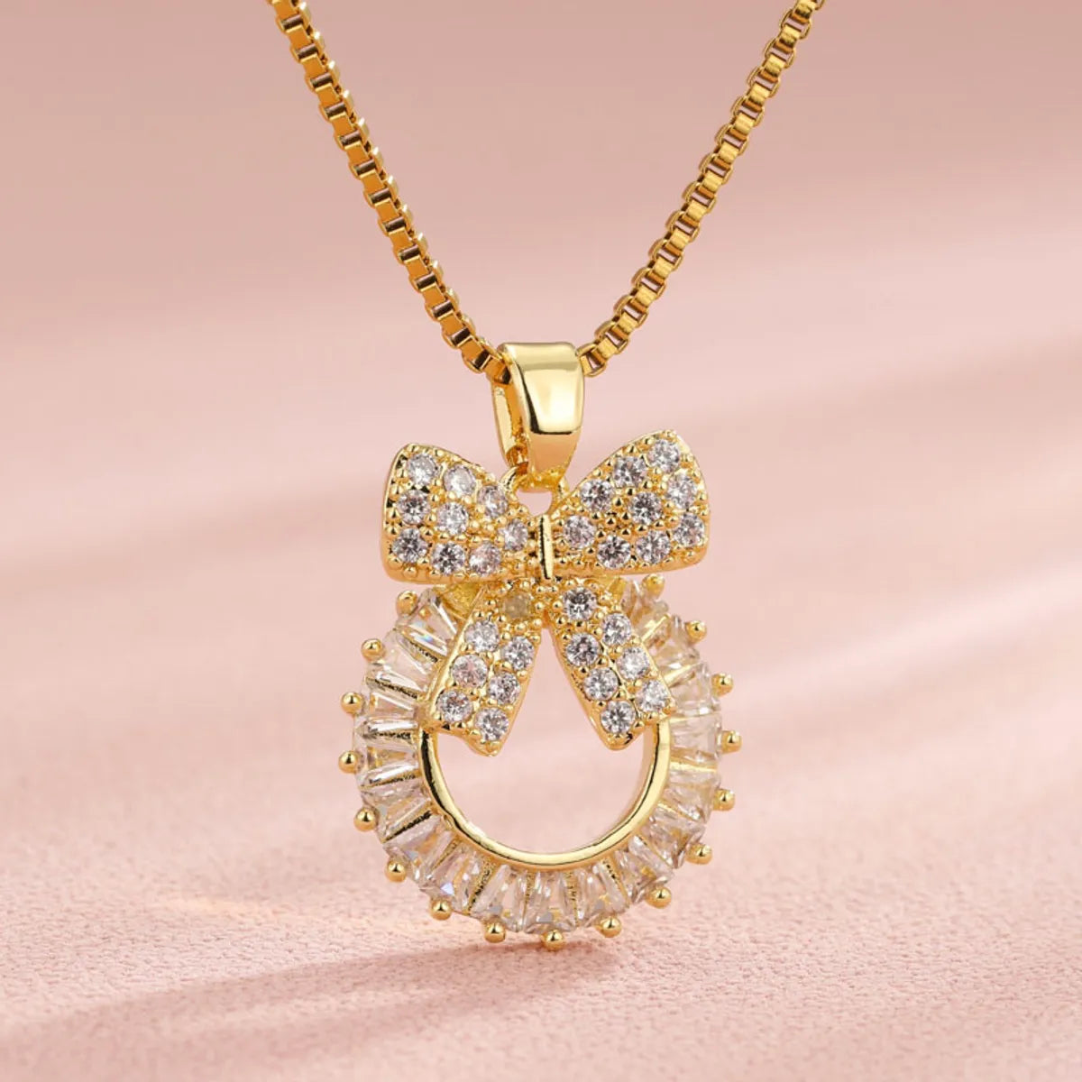 Vintage Style Heart Shape Flower Bow Knot Stainless Steel Copper Plating Inlay Zircon 18k Gold Plated Gold Plated Pendant Necklace