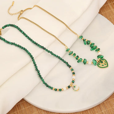 Vintage Style Heart Shape Stainless Steel Malachite Beaded Handmade Women's Pendant Necklace