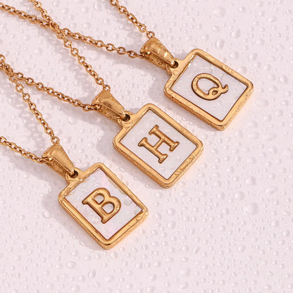 Vintage Style Letter Square Stainless Steel Plating Inlay Shell 18k Gold Plated Pendant Necklace