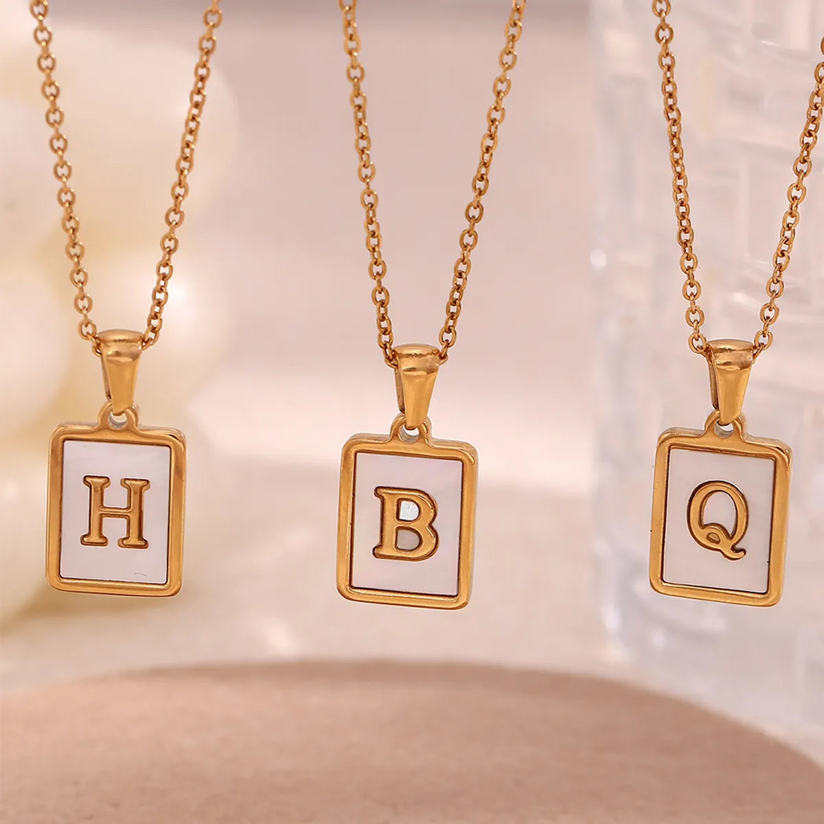 Vintage Style Letter Square Stainless Steel Plating Inlay Shell 18k Gold Plated Pendant Necklace