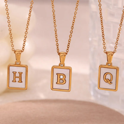 Vintage Style Letter Square Stainless Steel Plating Inlay Shell 18k Gold Plated Pendant Necklace