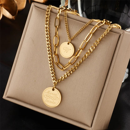 Vintage Style Letter Stainless Steel Layered Necklaces Gold Plated Stainless Steel Necklaces