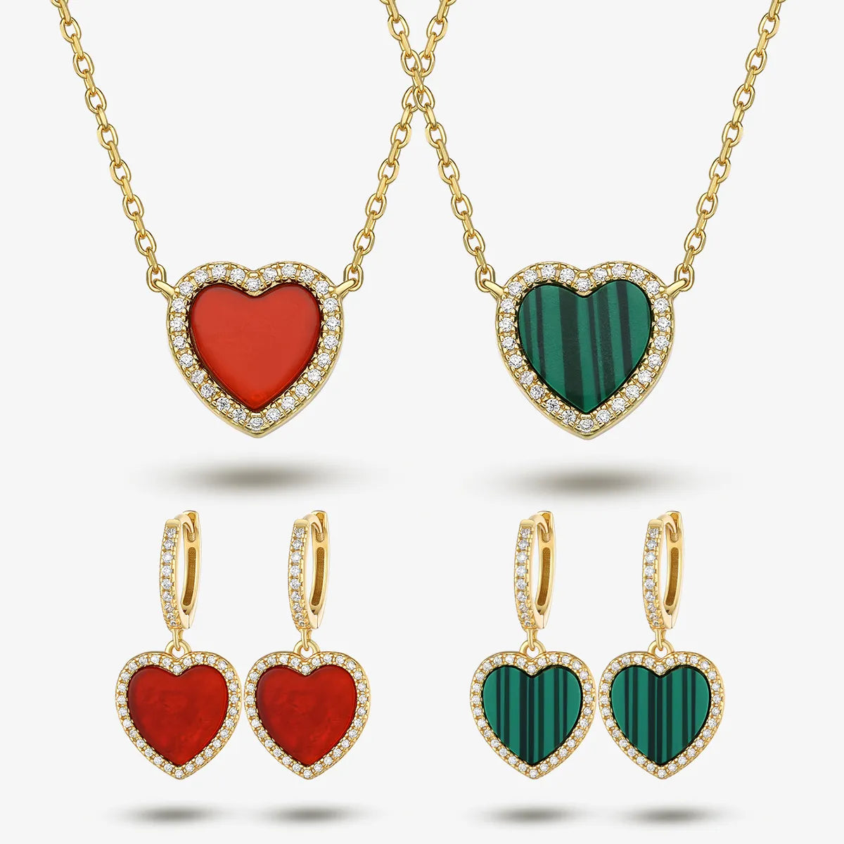 Vintage Style Luxurious Romantic Heart Shape Sterling Silver Plating Inlay Malachite Carnelian Zircon Women's Earrings Necklace