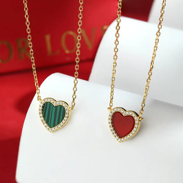 Vintage Style Luxurious Romantic Heart Shape Sterling Silver Plating Inlay Malachite Carnelian Zircon Women's Earrings Necklace