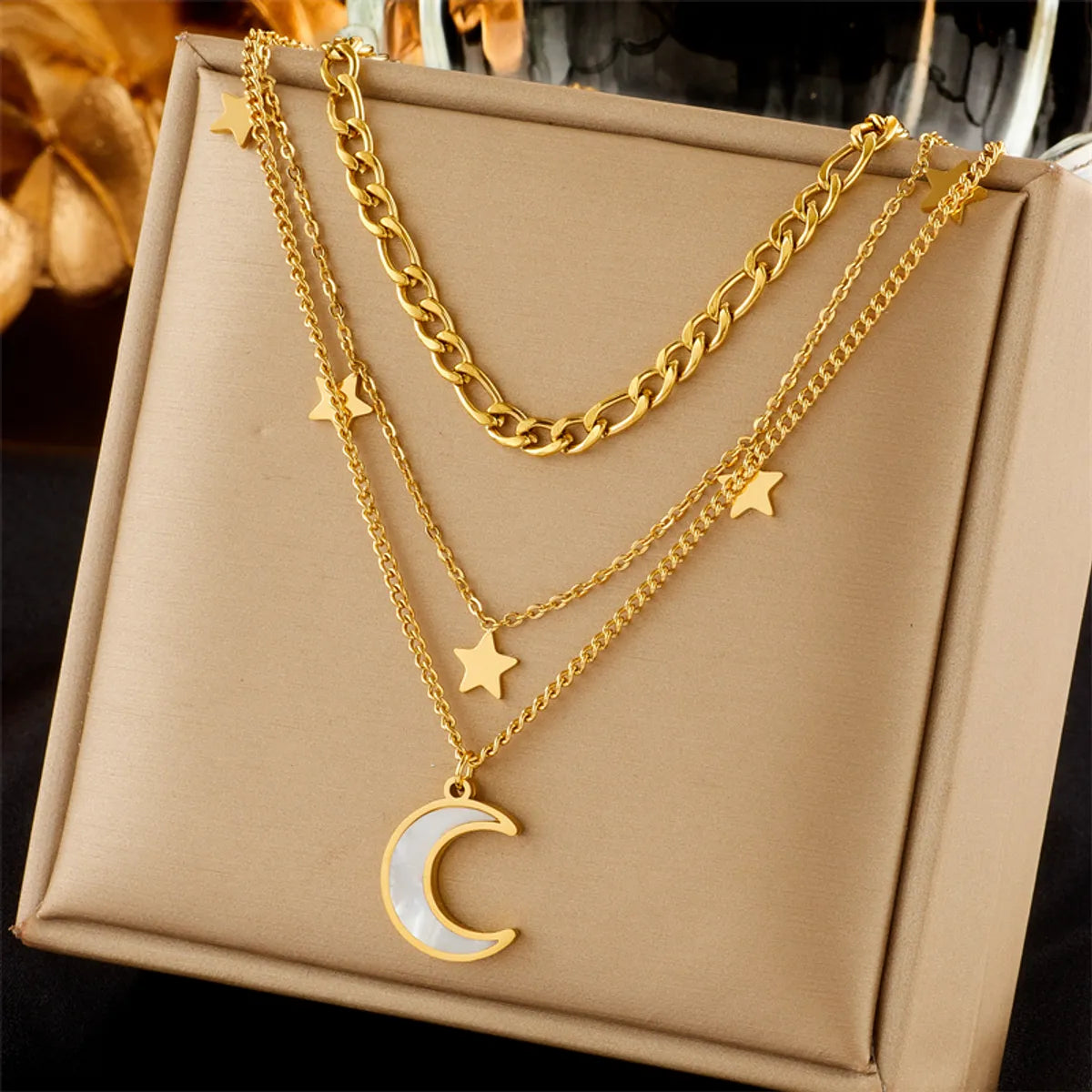 Vintage Style Moon Titanium Steel Plating 18k Gold Plated Layered Necklaces