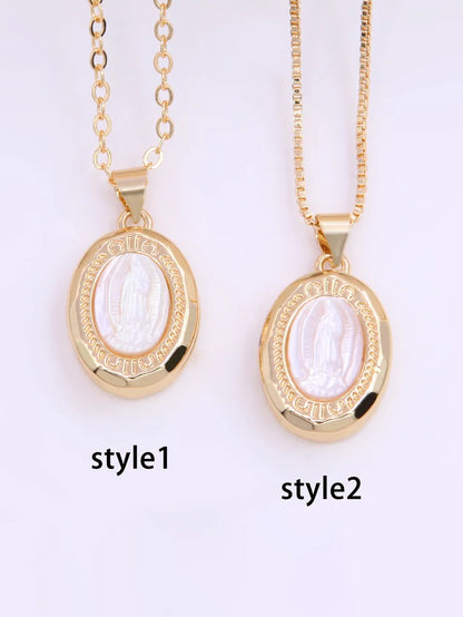 Vintage Style Oval Copper Plating Inlay Carving Shell 18k Gold Plated Pendant Necklace