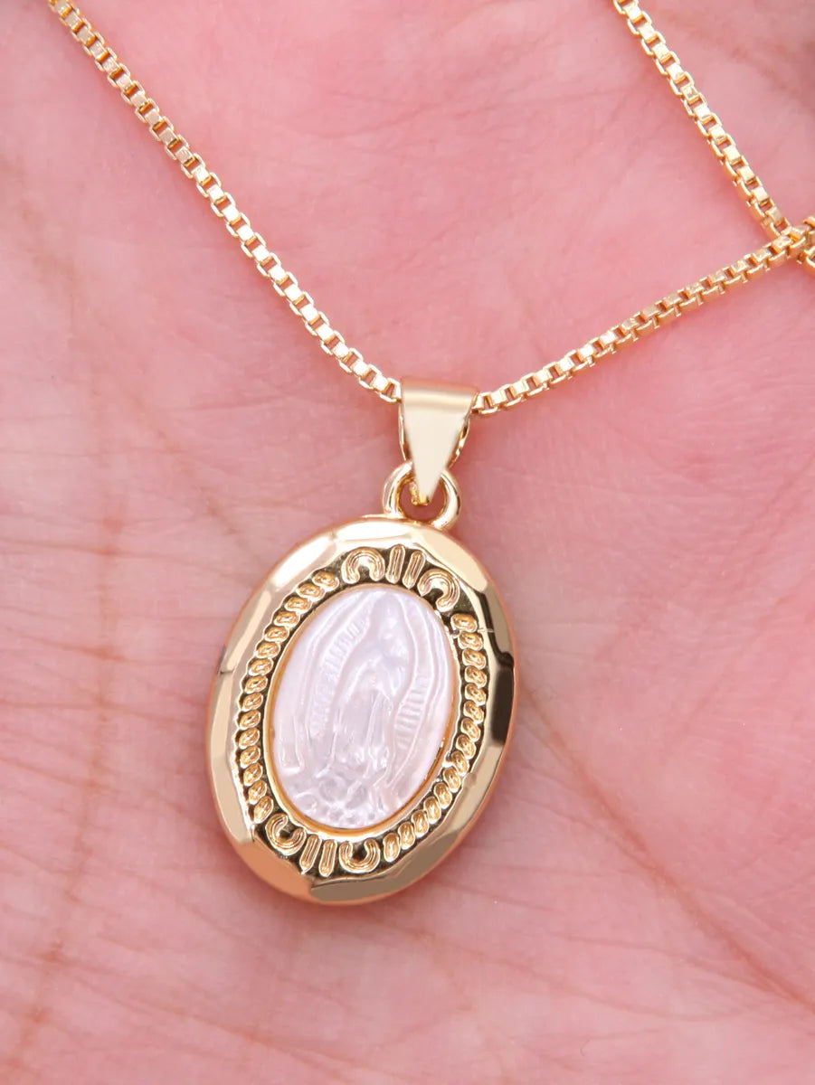 Vintage Style Oval Copper Plating Inlay Carving Shell 18k Gold Plated Pendant Necklace