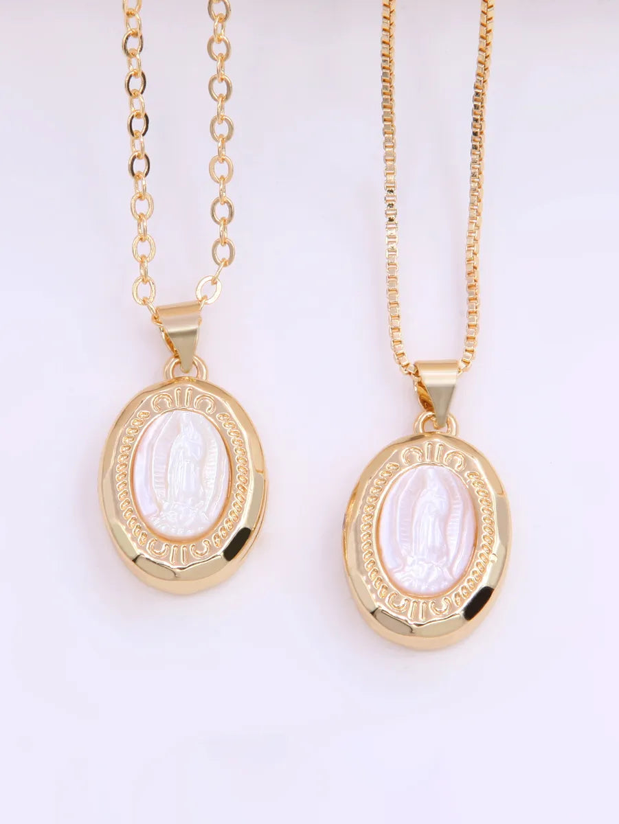 Vintage Style Oval Copper Plating Inlay Carving Shell 18k Gold Plated Pendant Necklace