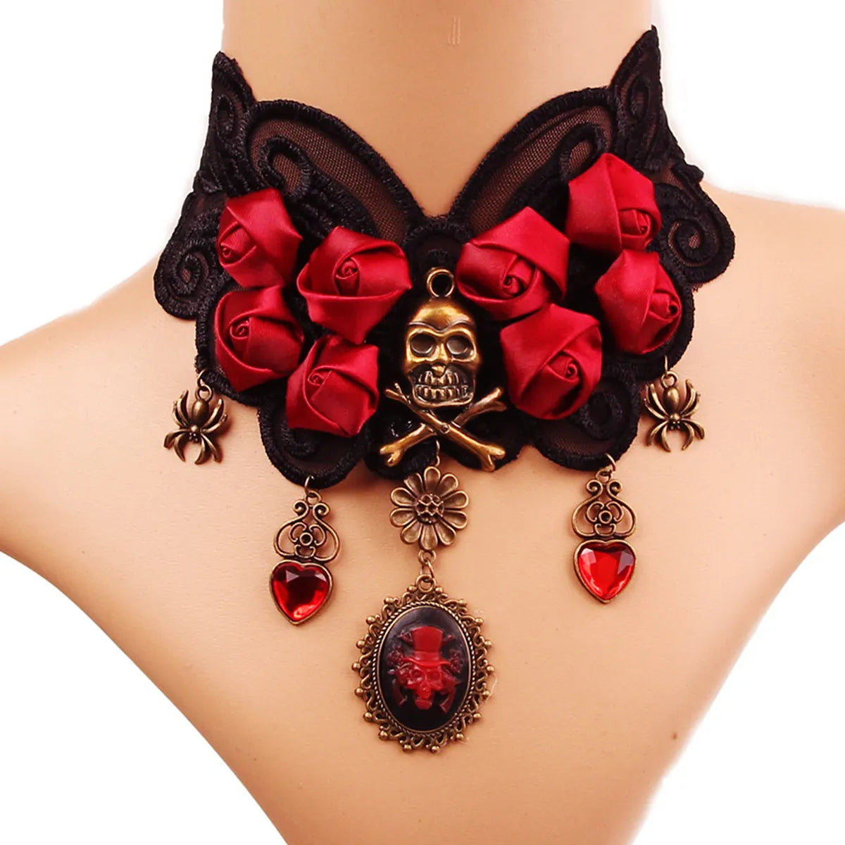 Vintage Style Punk Flower Skull Alloy Resin Lace Halloween Women'S Necklace