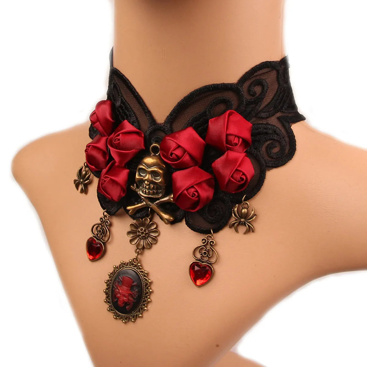 Vintage Style Punk Flower Skull Alloy Resin Lace Halloween Women'S Necklace