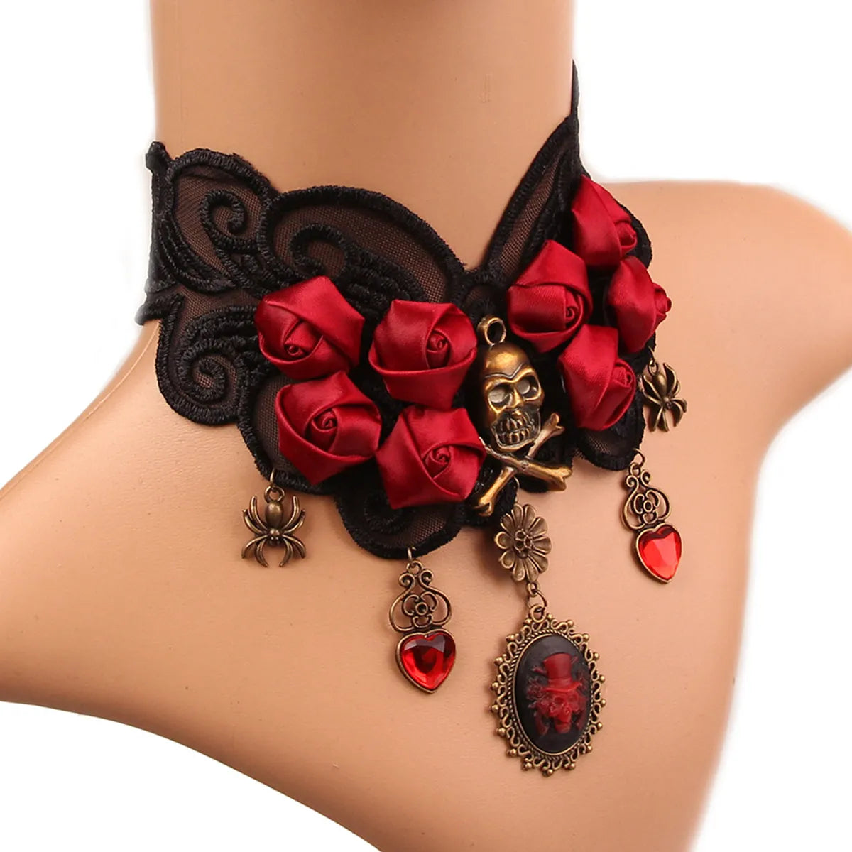 Vintage Style Punk Flower Skull Alloy Resin Lace Halloween Women'S Necklace