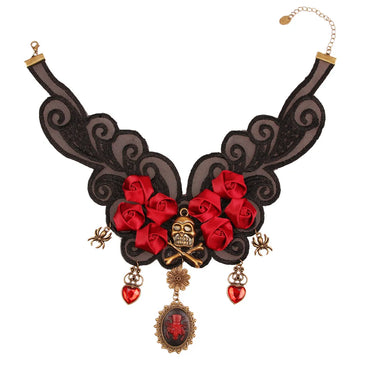 Vintage Style Punk Flower Skull Alloy Resin Lace Halloween Women'S Necklace