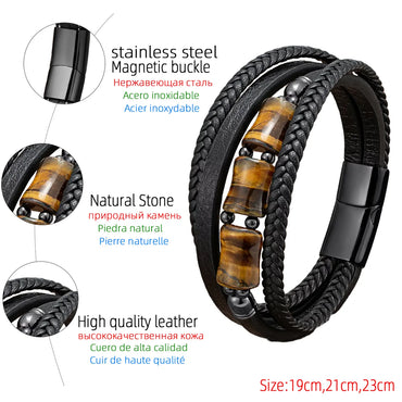 Vintage Style Punk Geometric Leather Rope Stone Metal Layered Handmade Men's Bracelets