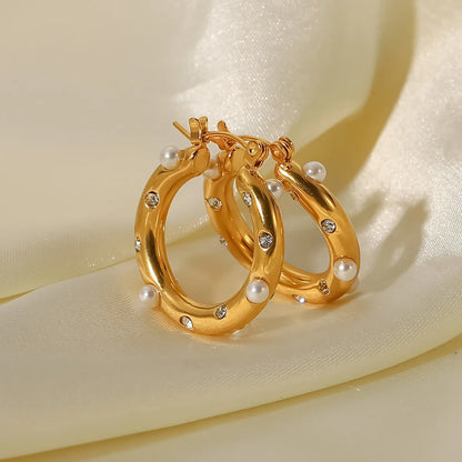 Vintage Style Round Plating 316 Stainless Steel  Pearl Hoop Earrings